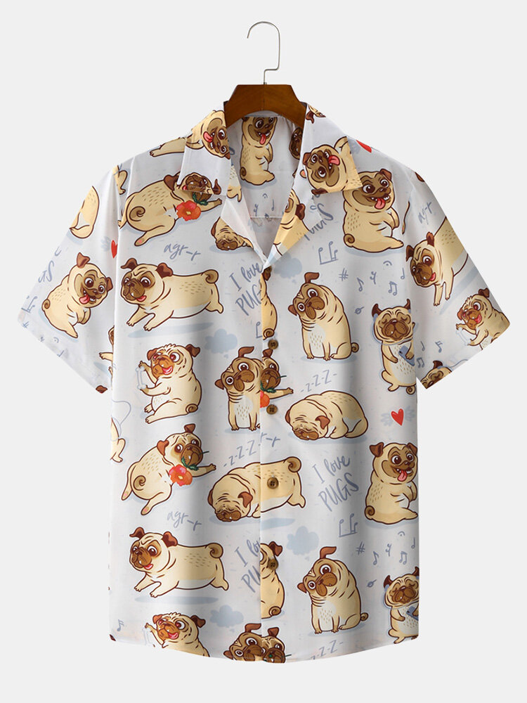 Mens Cartoon Dog Print Revere Collar Cute Short Sleeve Shirts