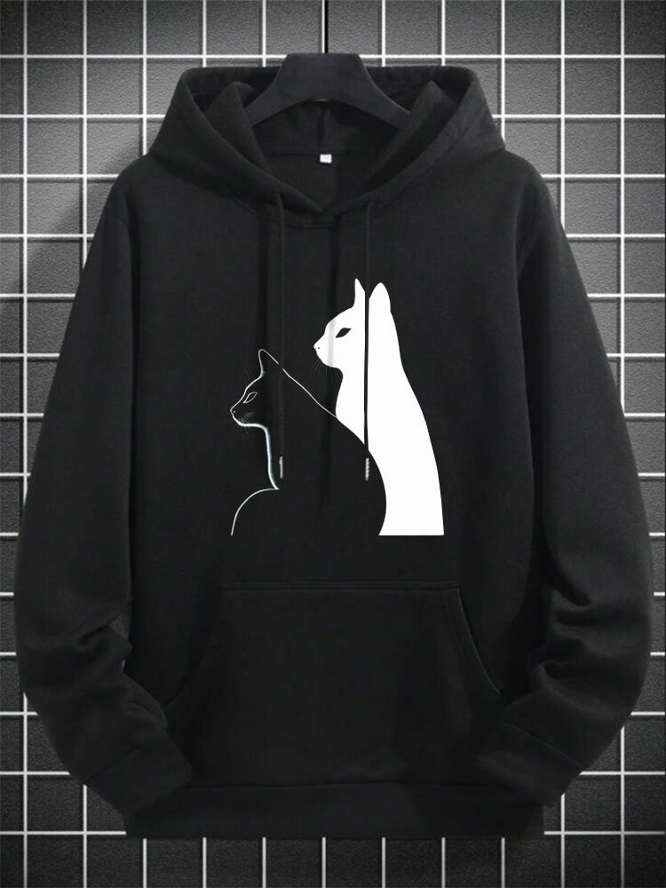 

Mens Contrast Cat Graphic Kangaroo Pocket Casual Drawstring Hoodies Winter, Black