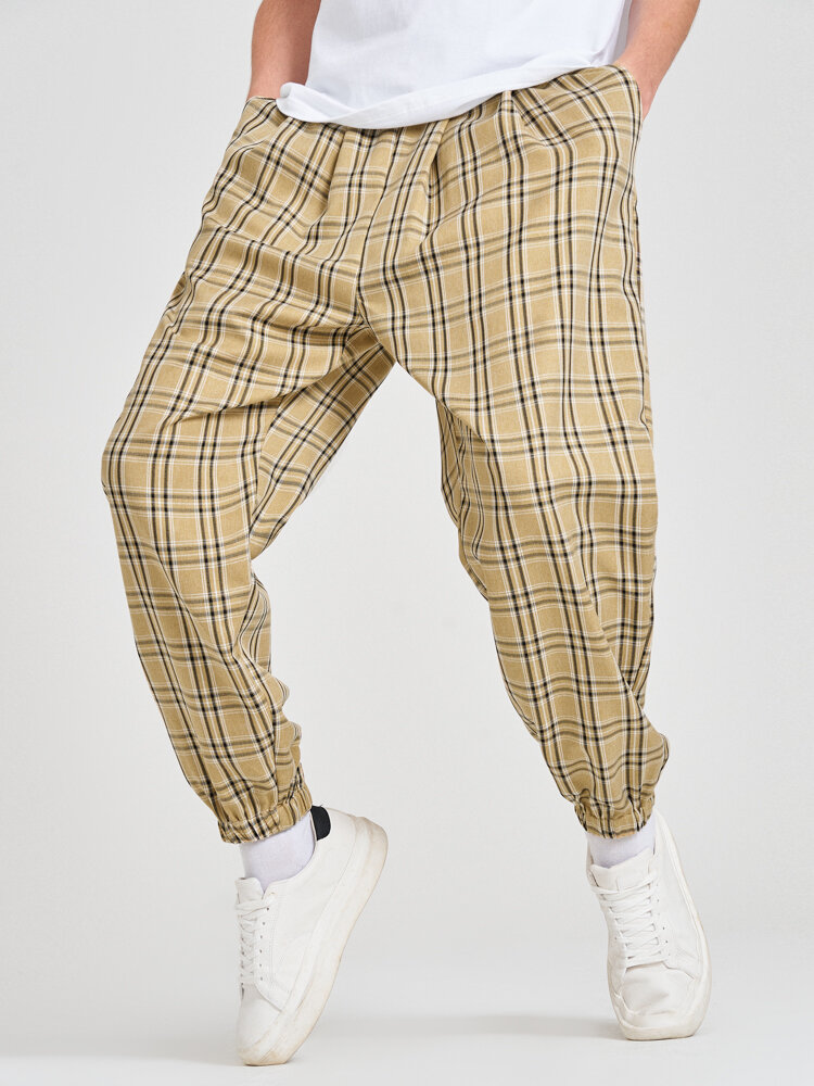 Mens Plaid Preppy Loose Fit Cuffed Pants With Pocket