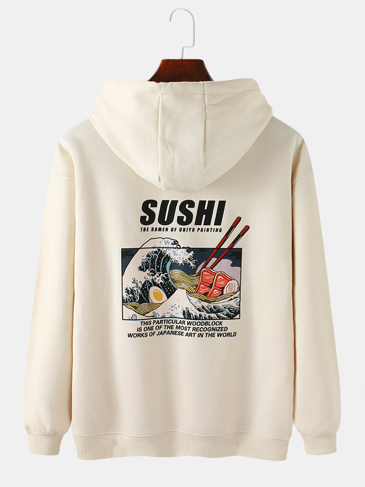 

Mens Sushi Graphic Print Ukiyoe Relaxed Fit Casual Hoodies With Kangaroo Pocket, White;green;apricot