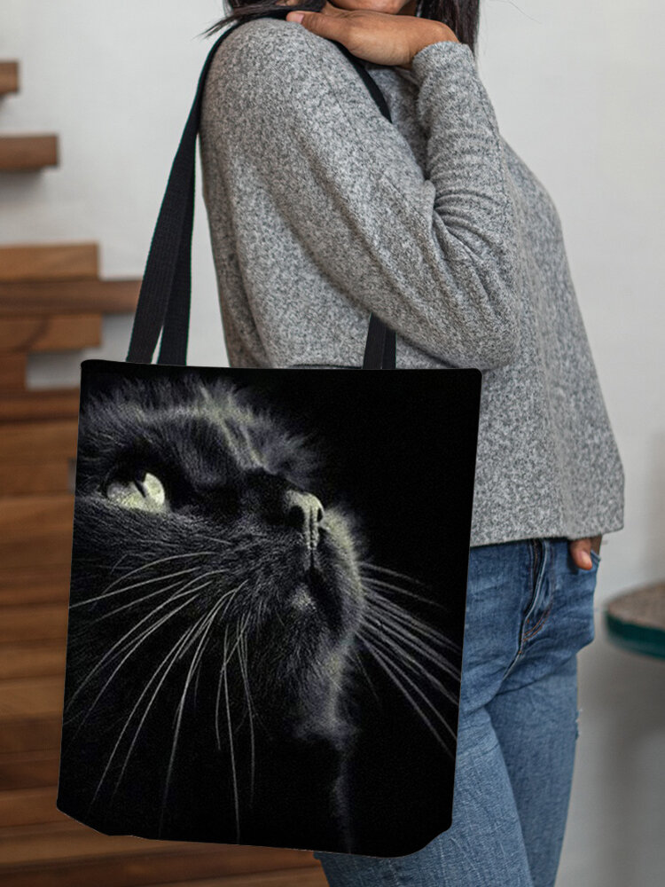 Women Black Cat Pattern Print Shoulder Bag Handbag Tote