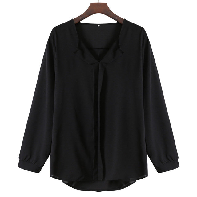 European And American Solid Color Long-sleeved V-neck Wild Chiffon Shirt