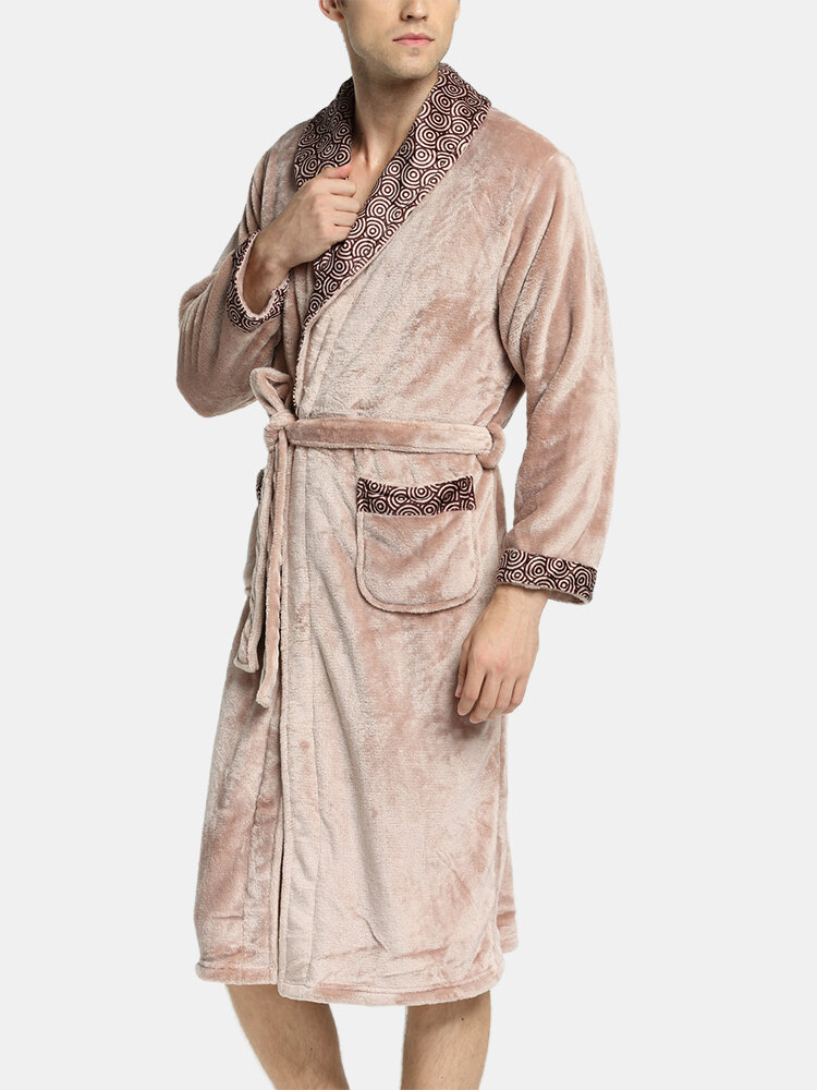 

Mens Geometric Patterns Patchwork Lapel Thicken Warm Flannel Belted Cozy Loose Pajamas Robe, Coffee