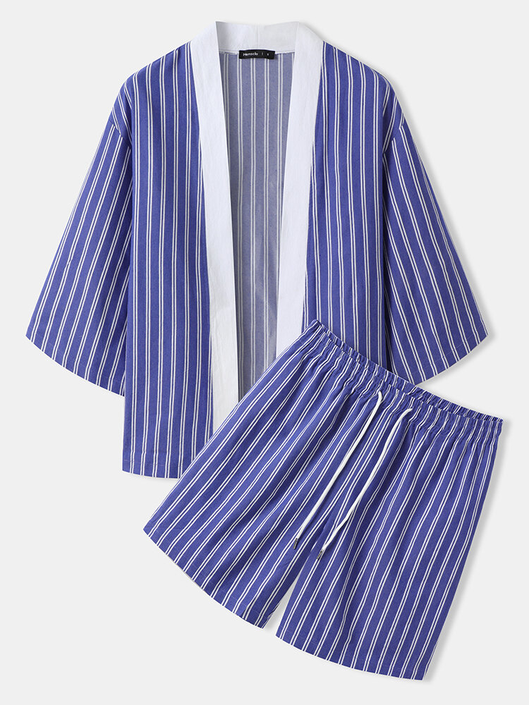 

Mens Vertical Striped Open Front Kimono Loose Two Pieces Outfits, Blue