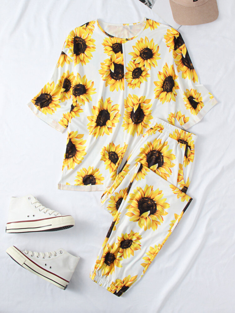 

Sunflowers Print Slit Hem T-Shirt Elastic Wasit Pocket Pants Casual Suit, White