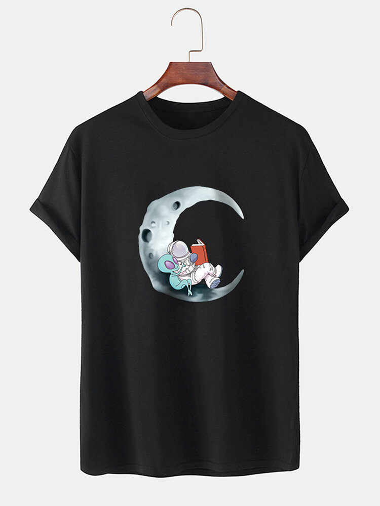 Mens 100% Cotton Cartoon Astronaut & Alien Print Casual Short Sleeve T-Shirts