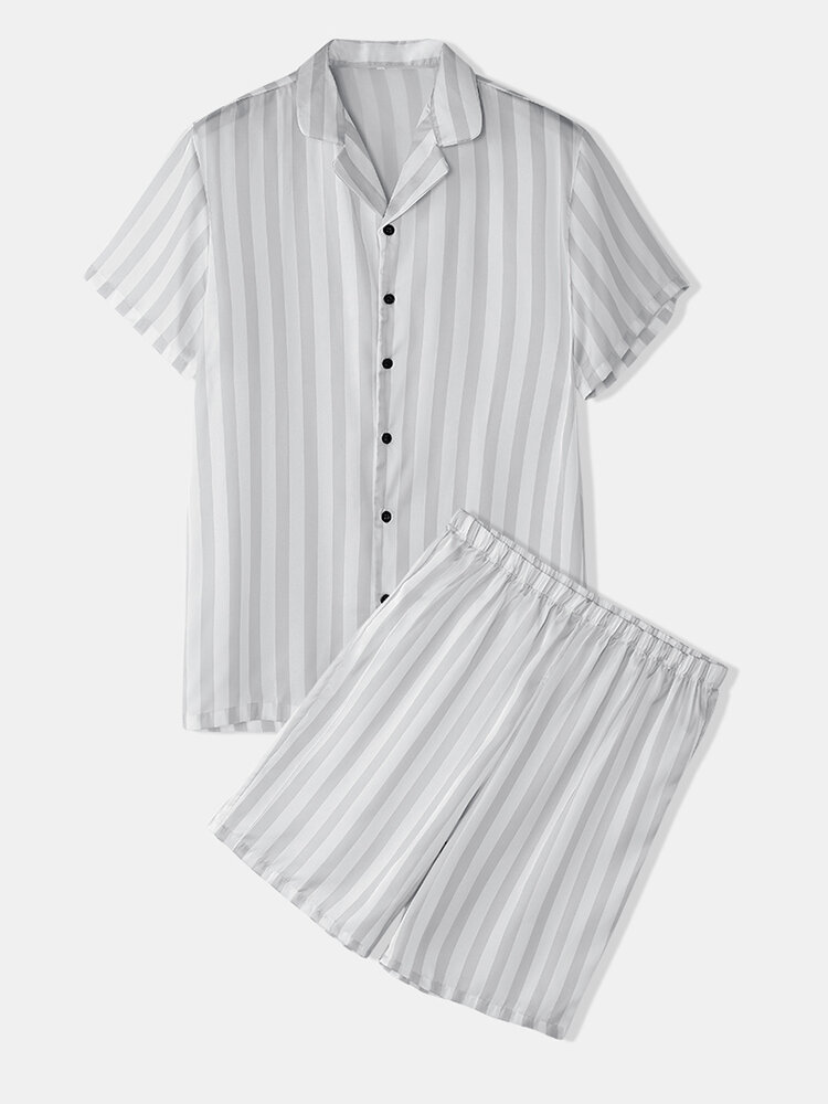 Summer Lounge Minimalist Striped Homewear Sets Lightweight Button Short Sleeve Outfits