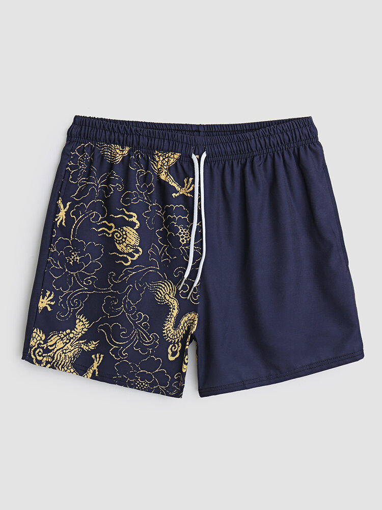 Men Dragon Print Patchwork Chinese Style Soft Quick Dry Loose Board Shorts