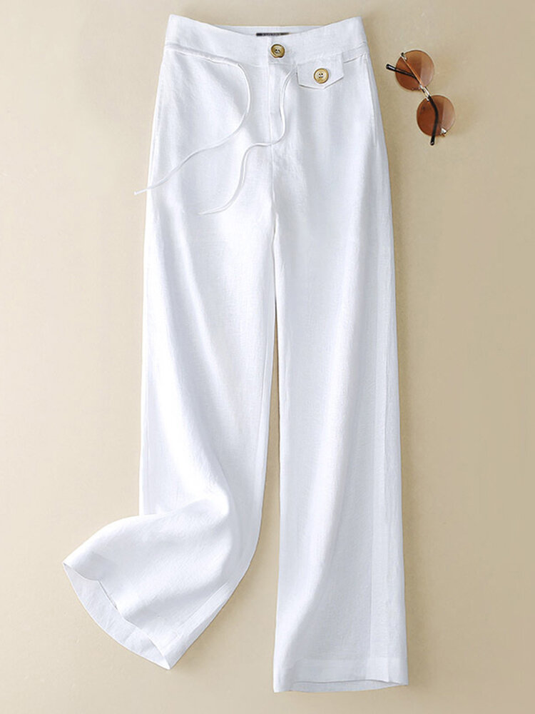 Women Solid Cotton Drawstring Waist Casual Straight Pants