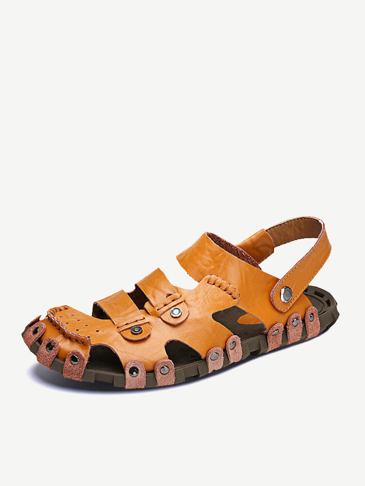 Men Metal Rivet Hole Breathable Soft Outdoor Leather Closed Toe Sandals