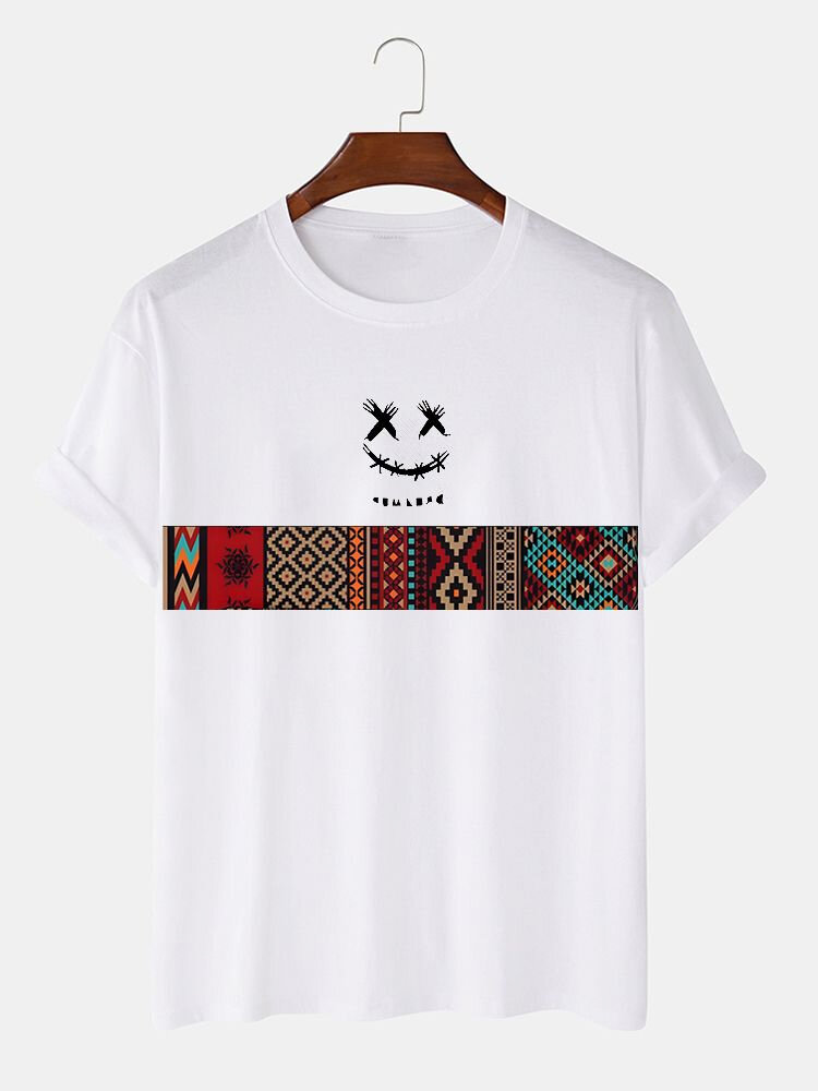Mens Smile Face Argyle Print Crew Neck Short Sleeve T-Shirts Winter