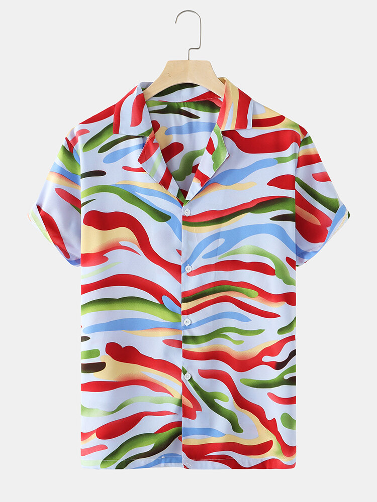 Mens Irregular Colorful Stripes Revere Collar Short Sleeve Shirts