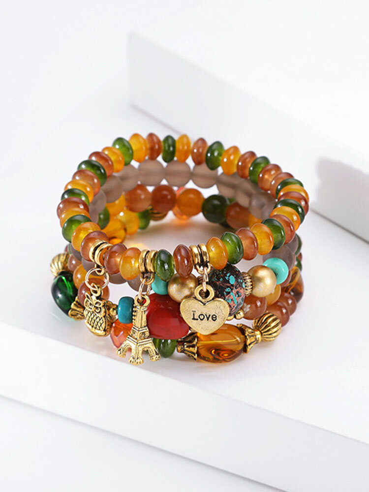 Alloy Beaded Bohemian Ethnic Elastic Rope Colorful Multi-layer Bracelet