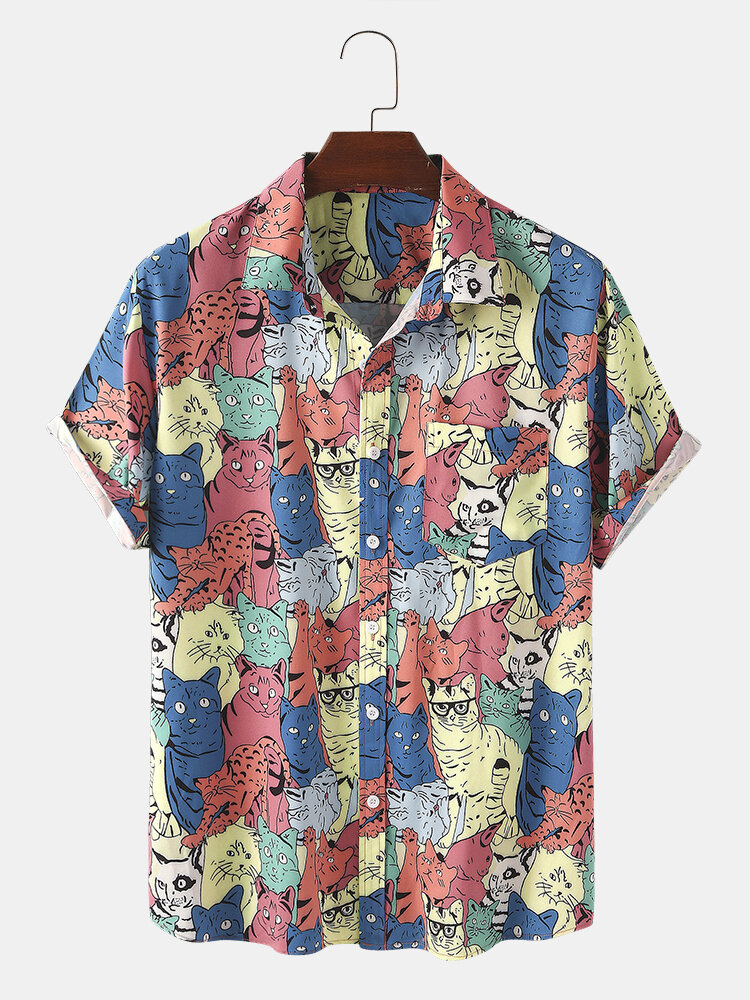 Mens Funny Cartoon Colorful Cat Print Short Sleeve Shirts