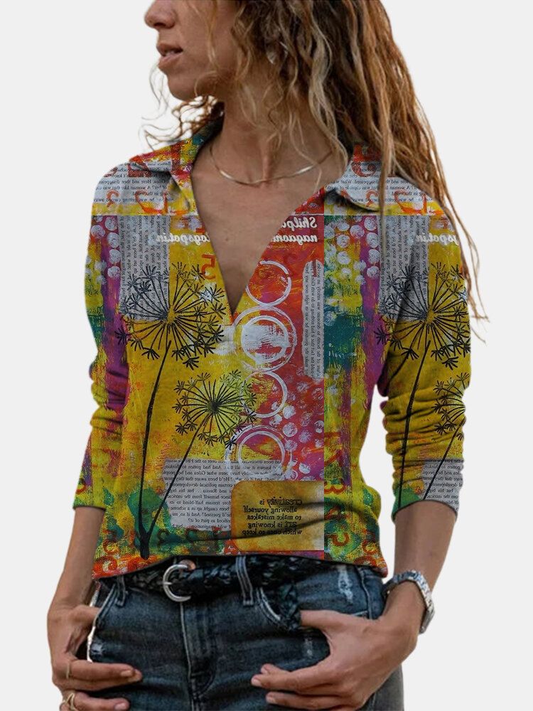 Vintage Printed Long Sleeve Turn-down Collar Blouse For Women