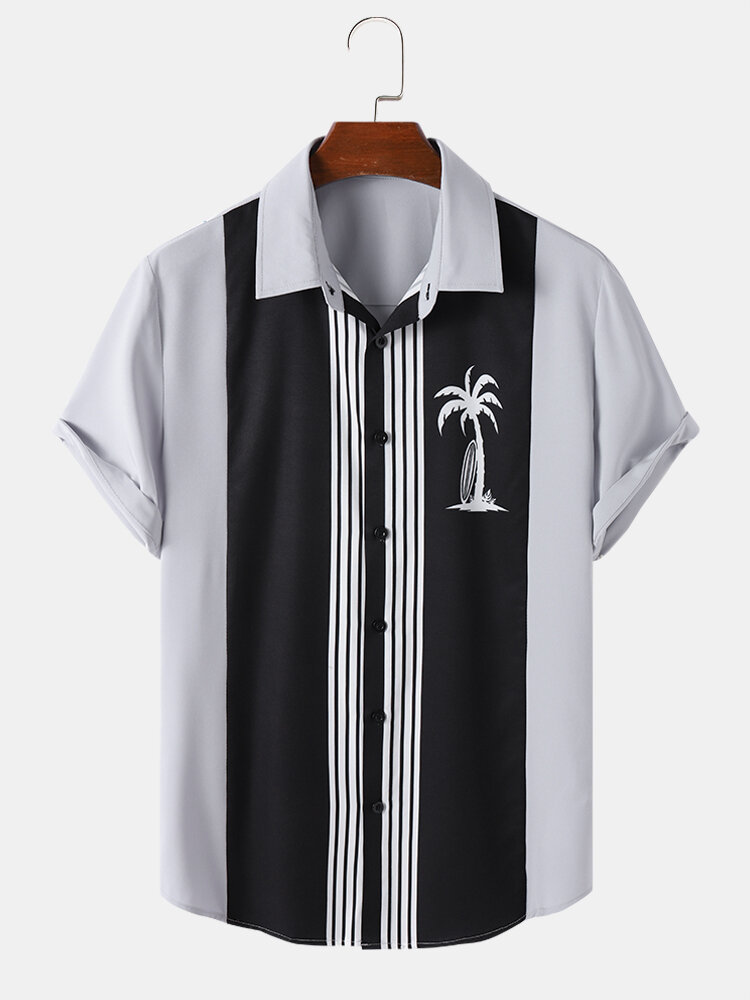 Mens Palm Tree Print Block Stripe Patchwork Short Sleeve Shirts