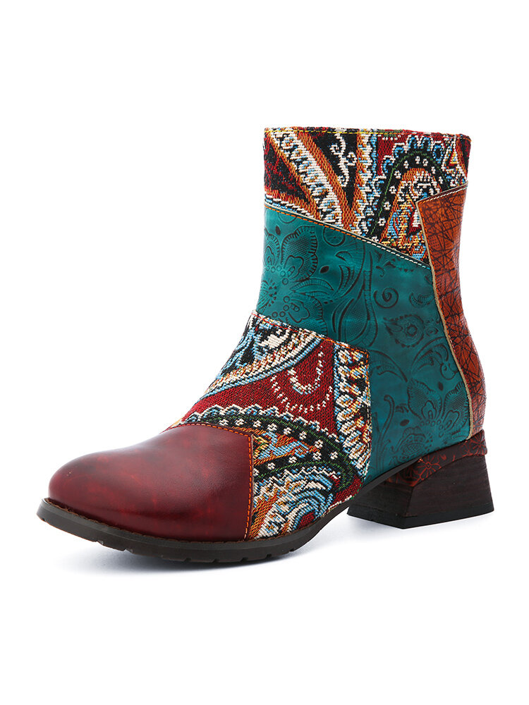 Socofy Retro Country Style Leather Color Block Paisley Print Side Zipper Soft Comfortable Short Boots