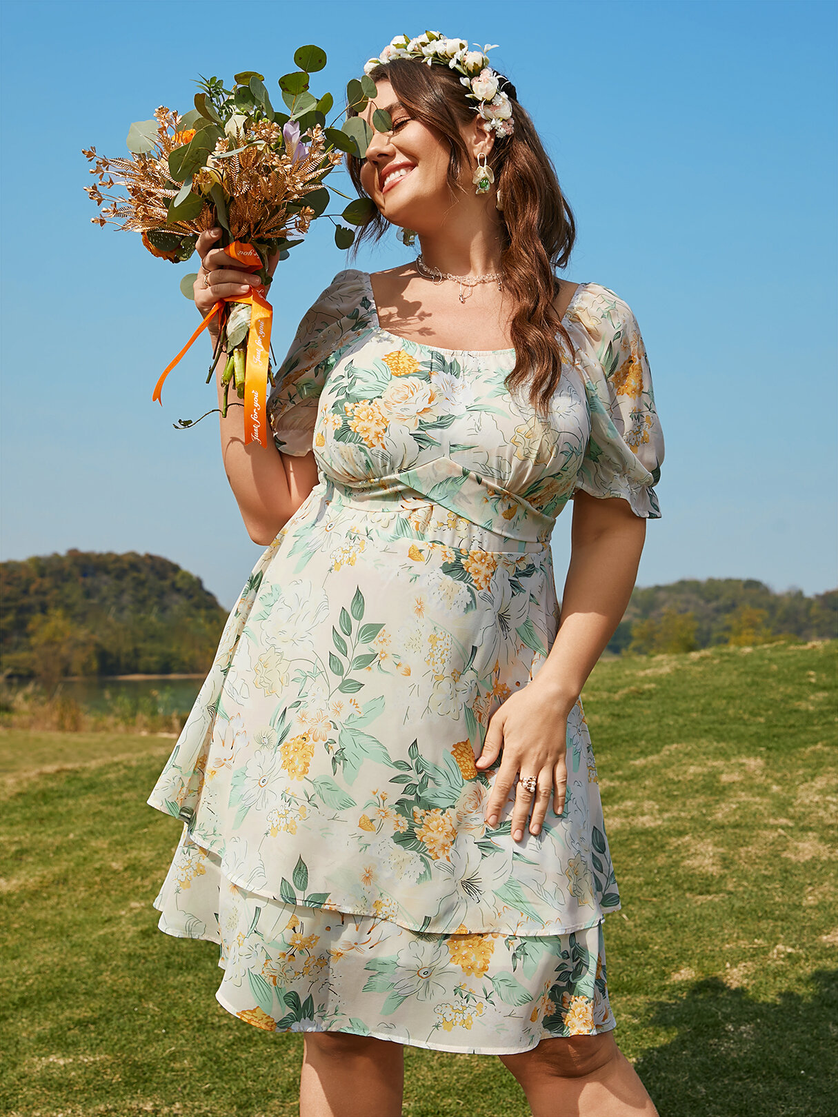 Plus Size Wedding Floral Print Backless Tiered Tie-up Midi Dress