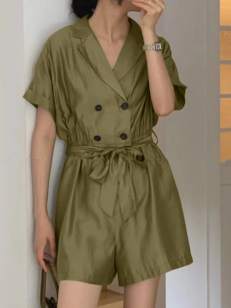 Solid Double Breasted Pocket Short Sleeve Romper With Belt
