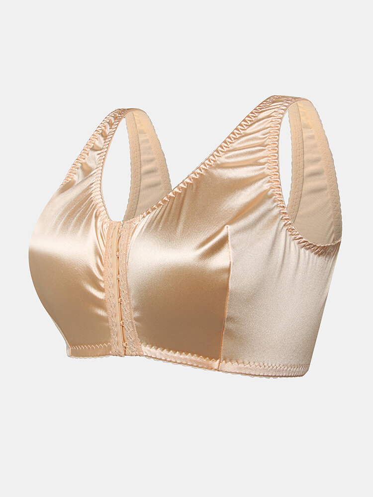 Plus Size Wireless Front Closure Smooth Lightly Lined Wide Elastic Comfy Faux Silk Bra