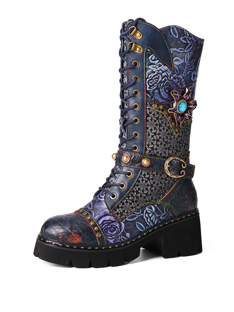 Socofy Retro Rivet Buckle Floral Embossed Leather Side-zip Comfy Warm Lining Platform Mid Calf Boots