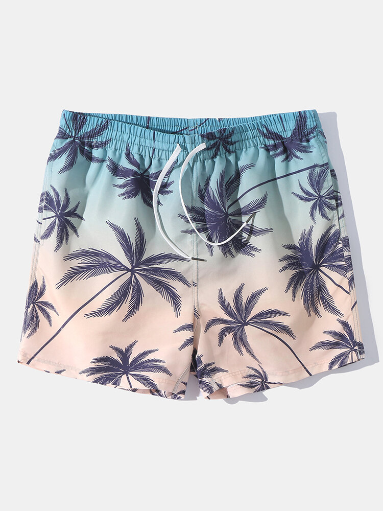 

Mens Coconut Tree Print Ombre Board Shorts Drawstring Breathable Swim Trunks With Liner, Blue
