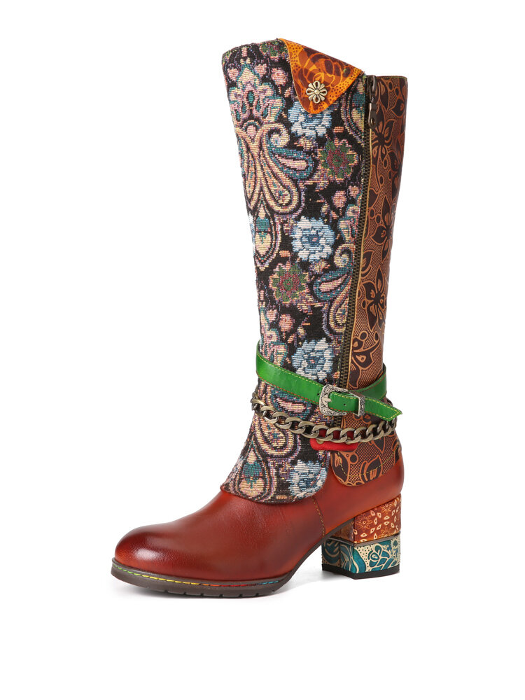 Socofy Casual Printed Leather Metal Chain Side Zipper Comfy Chunky Heel Knee High Boots