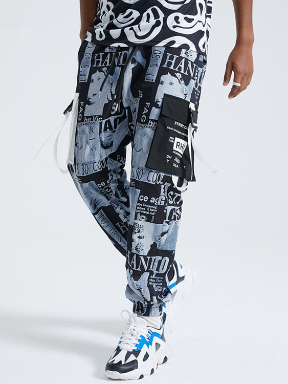 

KOYYE Men Streetwear Hip Hop Letter Print Ribbon Cargo Pants, Blue