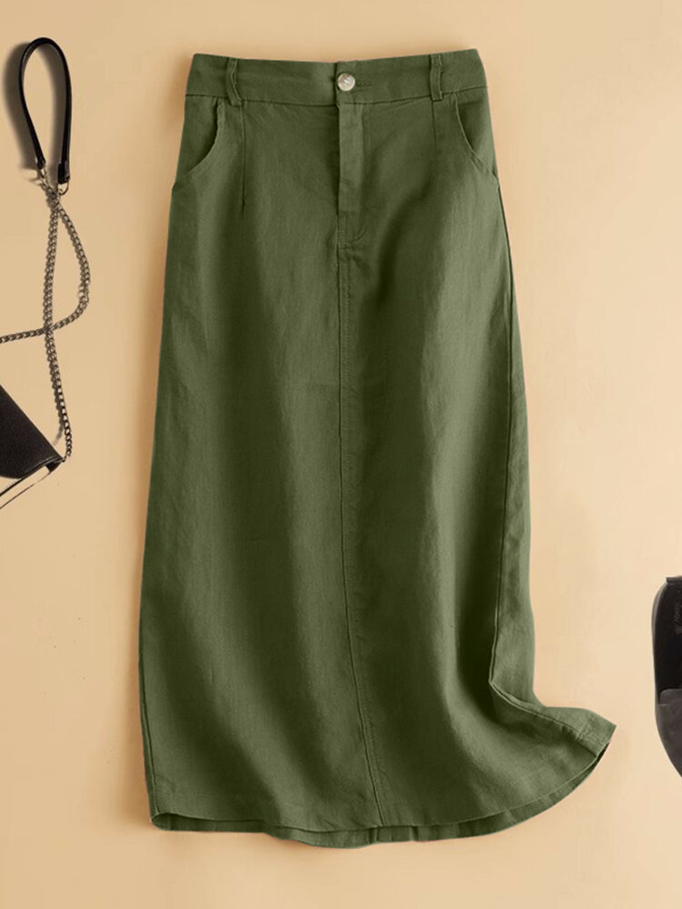 Женская однотонная хлопковая юбка с разрезом на спине и карманом