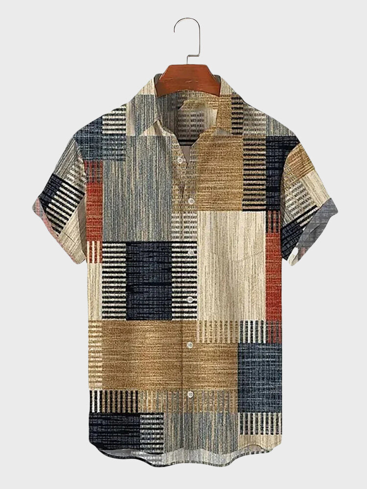 

Mens Vintage Color Block Lapel Short Sleeve Shirts, Khaki