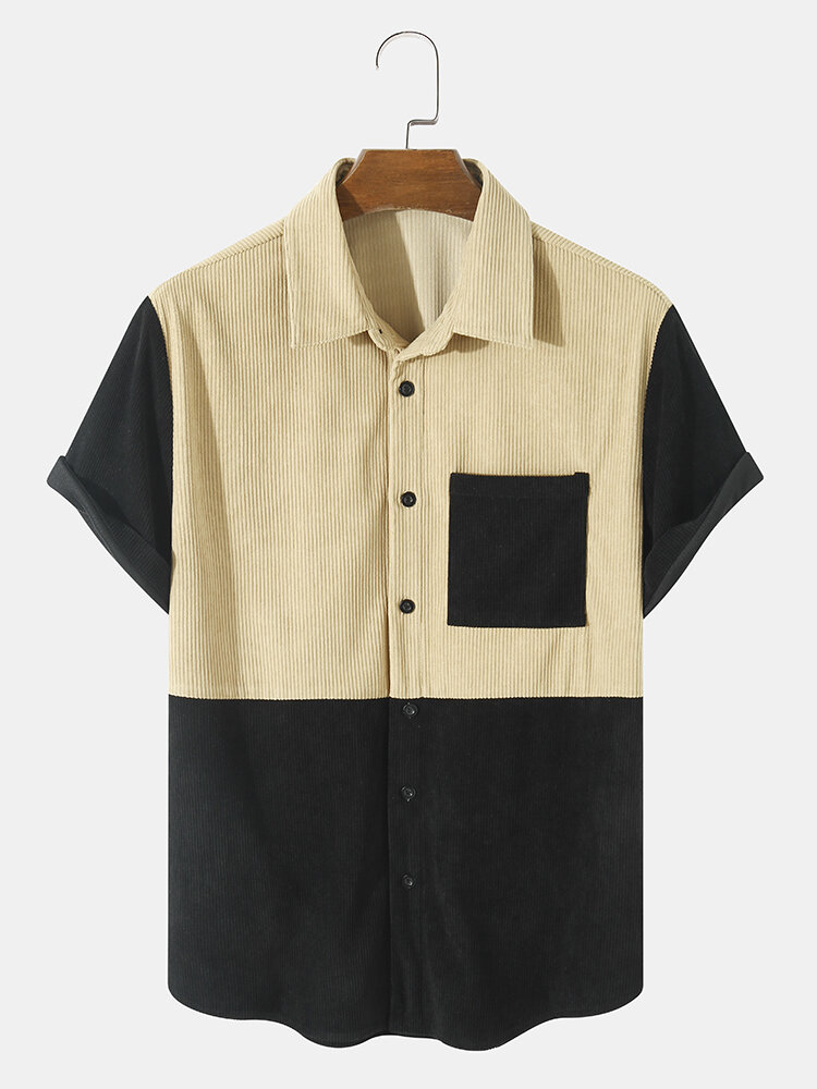Mens Two Tone Patchwork Corduroy Casual Short Sleeve Shirts