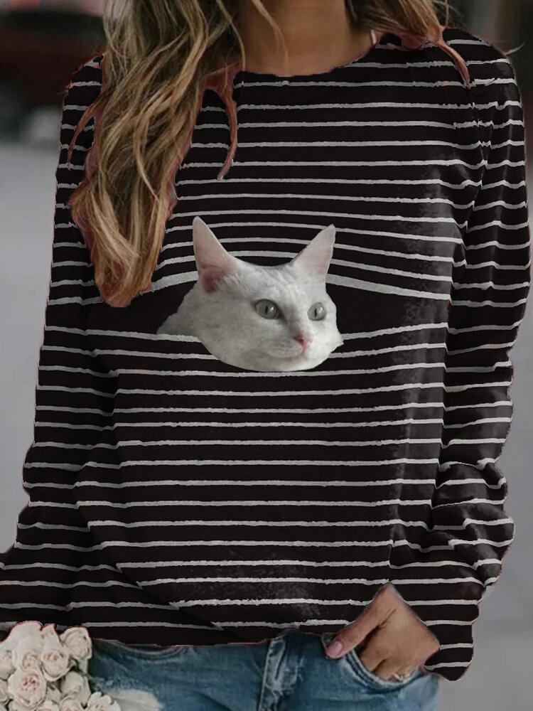 Sudadera casual a rayas de manga larga con estampado de gato para Mujer