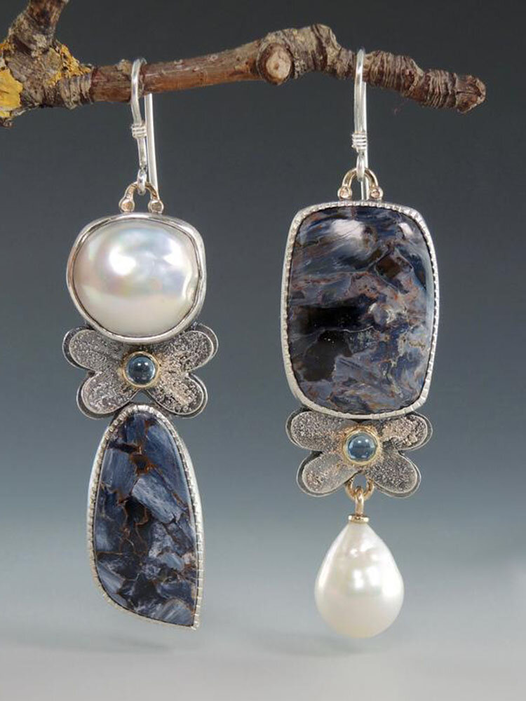 Vintage Alloy S925 Gorgeous Blue Opal Pearl Asymmetric Earrings