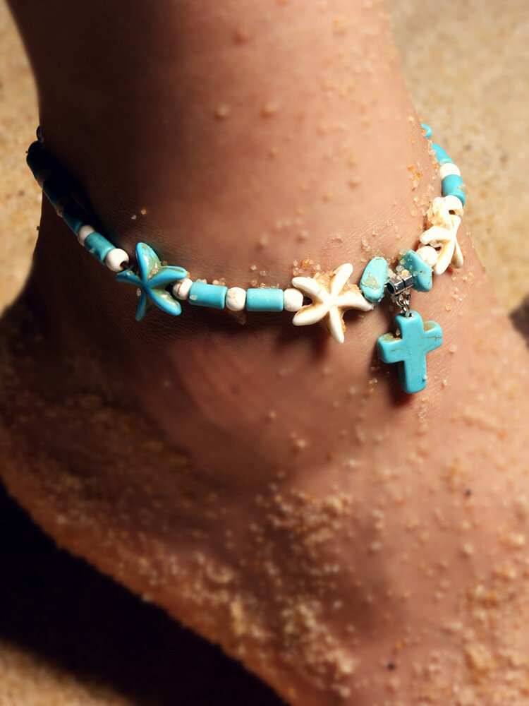 Vintage Starfish Anklet Turquoise Cross Pendant Women Anklet  Ethnic Style Anklet