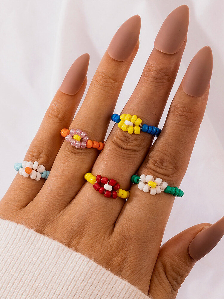 5 Pcs Country Style Beaded Flowers Colorful Beads Rings Set