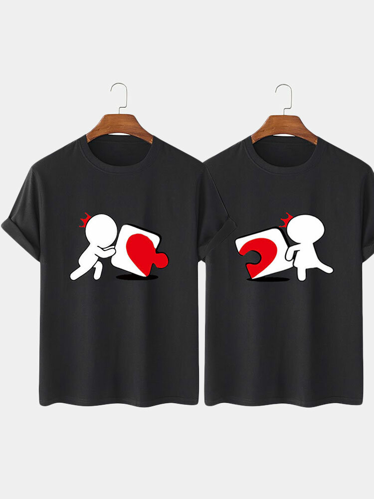 

Mens Figure Heart Print Valentine' Day Short Sleeve Couple T-Shirts Winter, Black