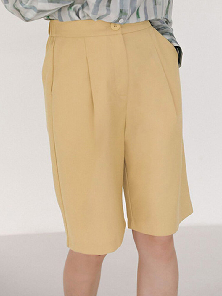 Pantalones cortos casuales fruncidos con botón de bolsillo sólido