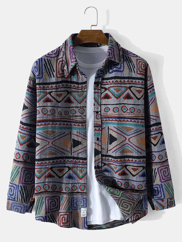 Mens Colorful Geometric Pattern Lapel Ethnic Style Loose Shirt Jacket