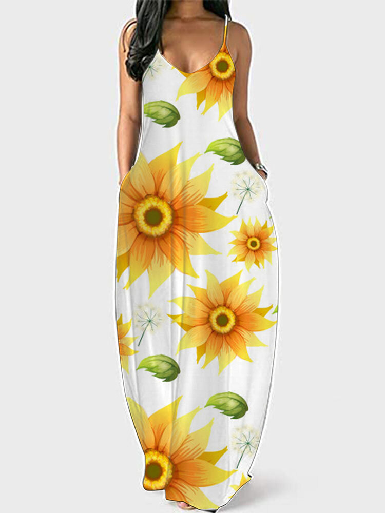 

Bohemian Sunflowers Print Plus Size Beaches Camisole Dress, White