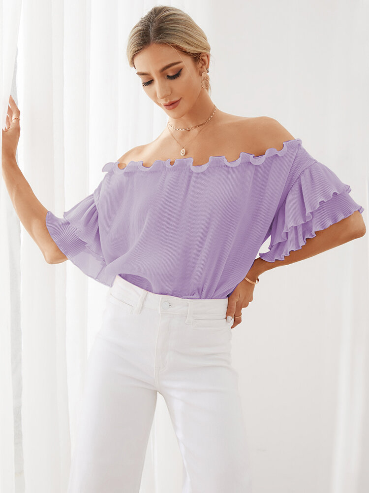Solid Off the Shoulder Ruffle Short Sleeve Loose Blouse