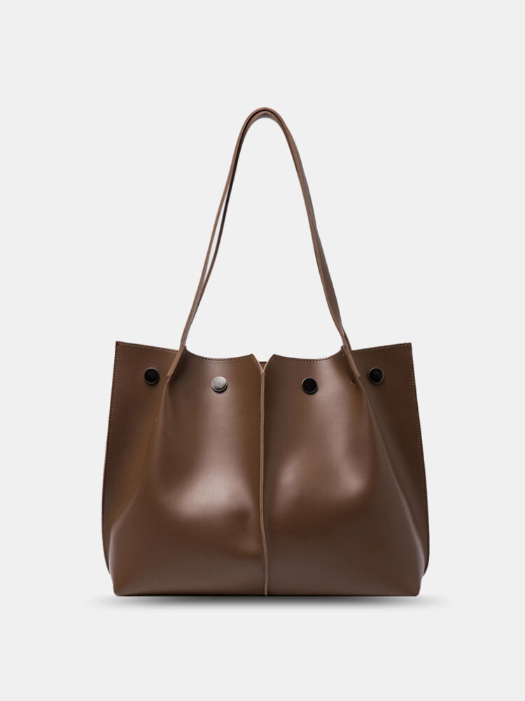Women Business PU Leather Rivet Large Capacity Shoulder Bag Handbag Ruched Bag