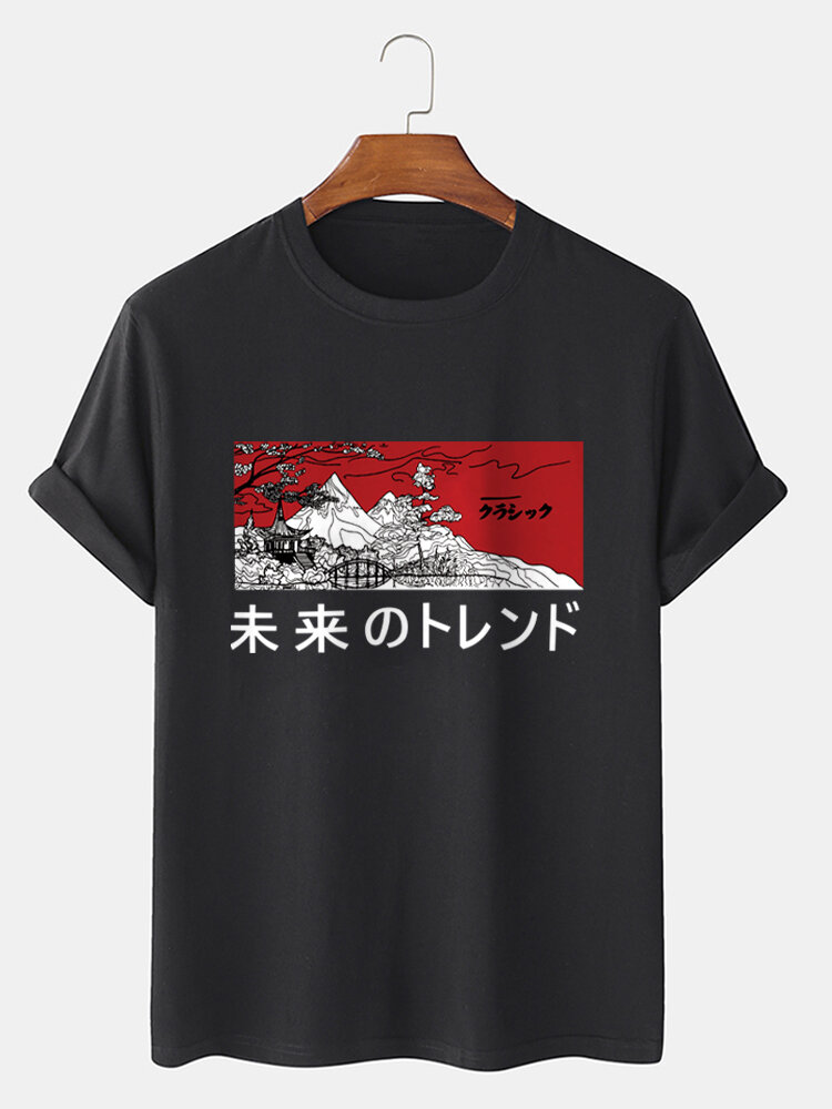 Mens Japanese Style Mountain Landscape Graphic Cotton Short Sleeve T-Shirts