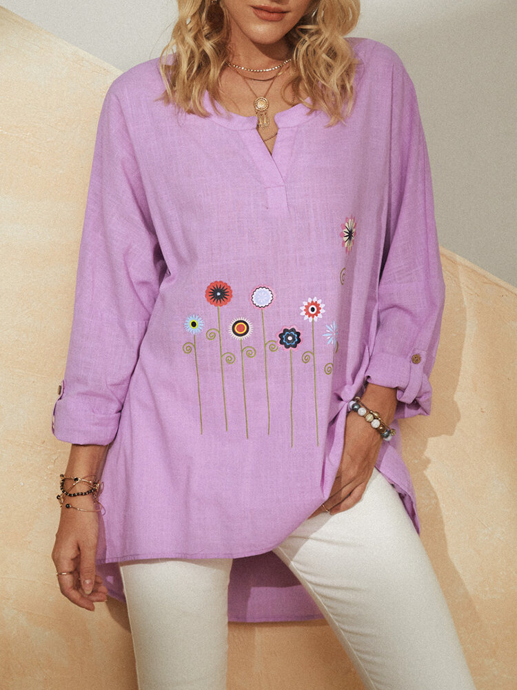 Embroidery Notched Collar Long Sleeve Asymmetrical Blouse