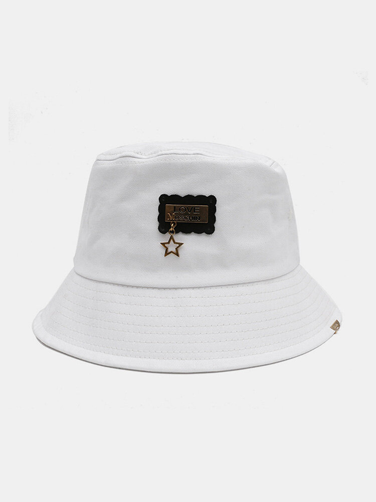 Unisex Cotton Solid Color Engraved Letter Metal Label With Hollow Five-pointed Star Fashion Sunshade Bucket Hat