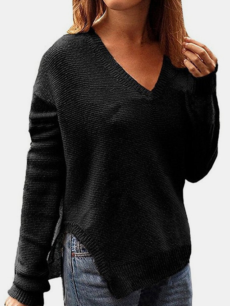 Solid Color Long Sleeve V-neck Split Sweater For Women