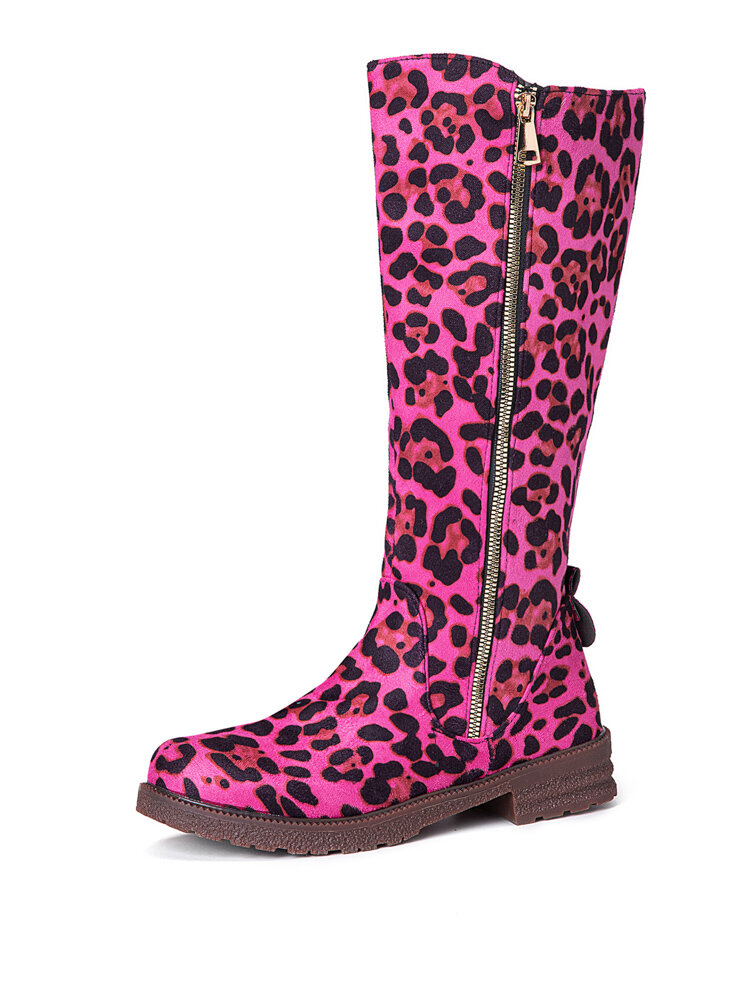 Plus Size Women Casual Stylish Leopard Side Zipper Riding Boots