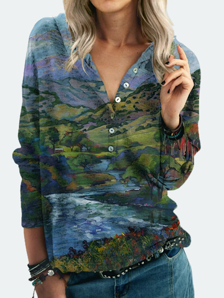 Landscape Print Button Long Sleeve Blouse For Women