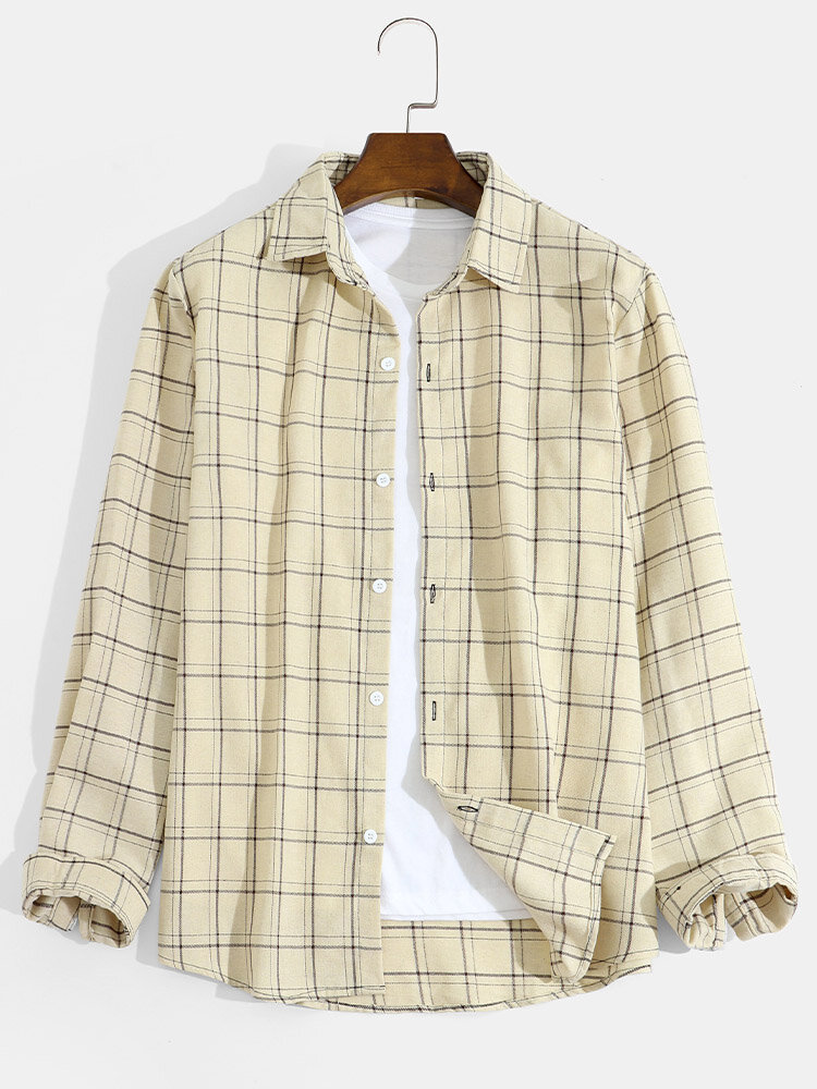 Mens Check Plaid Button Front Casual Long Sleeve Shirts