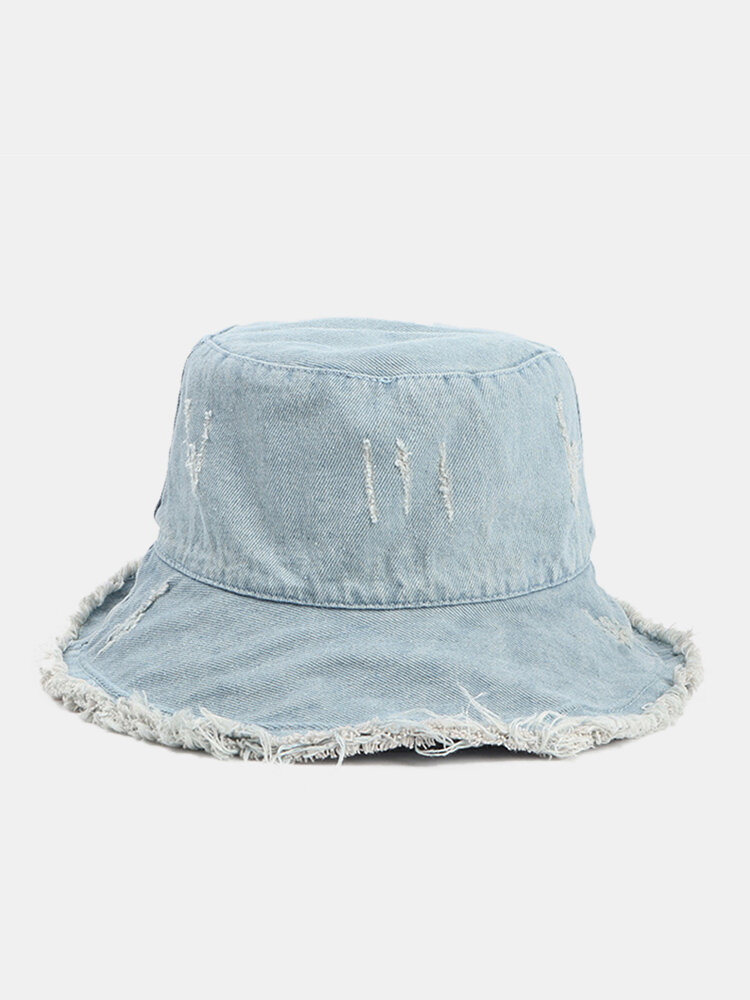 Unisex Denim Distressed Frayed Edge Vintage Trendy Outdoor Sunshade Foldable Bucket Hats