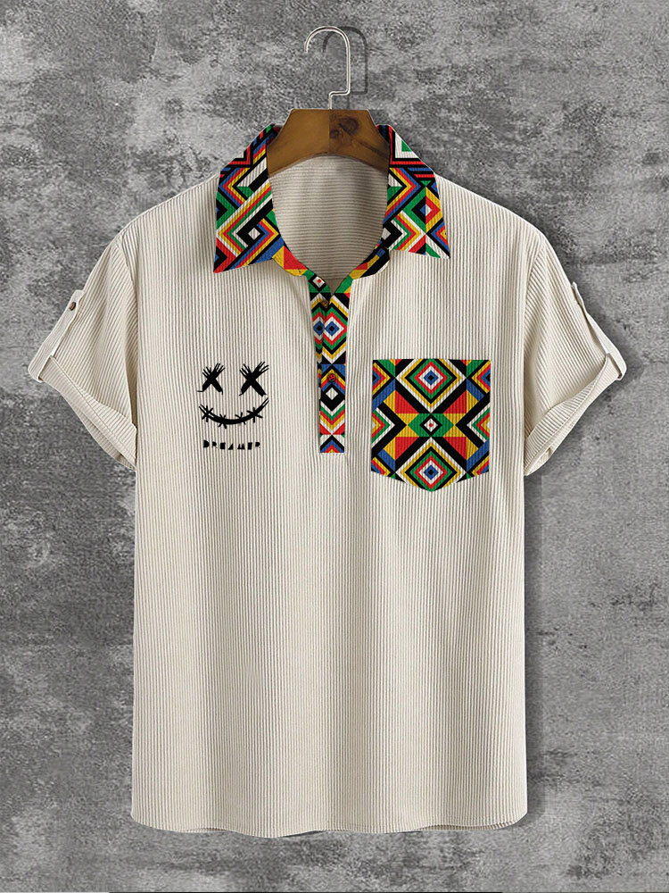 

Mens Smile Colorful Geometric Print Patchwork Corduroy Short Sleeve Golf Shirts, Apricot